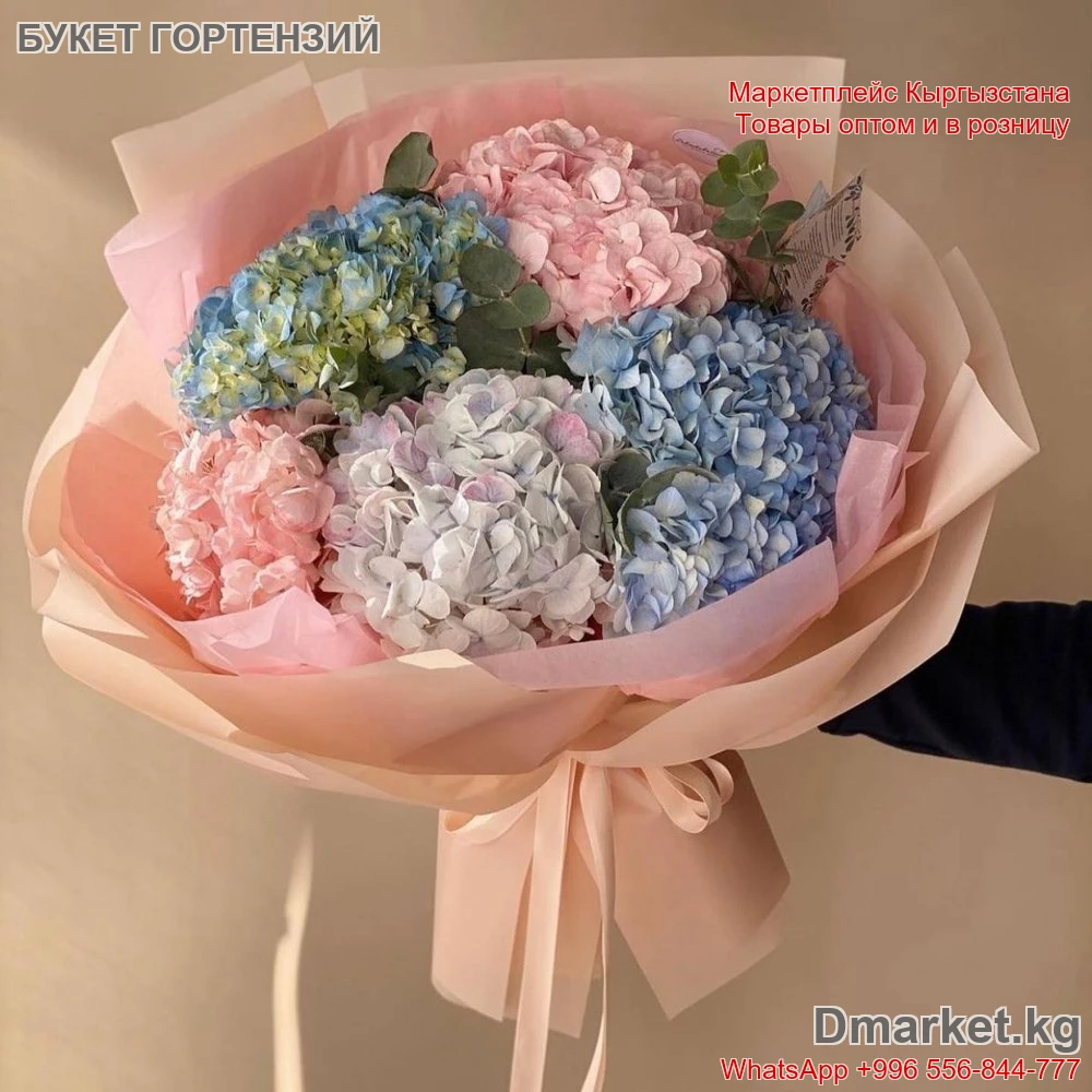 Букет из гортензий в нежной упаковке, крупные цветы, микс оттенков